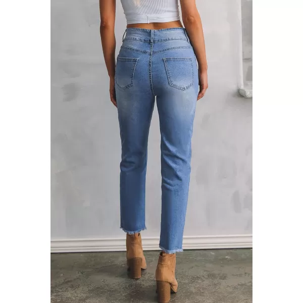 Sidefeel Womens High Waisted Jeans Strechy Raw Hem Straight Leg Denim Pants with PocketsMist Blue
