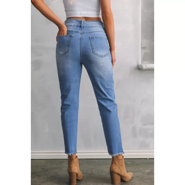 Sidefeel Womens High Waisted Jeans Strechy Raw Hem Straight Leg Denim Pants with PocketsMist Blue