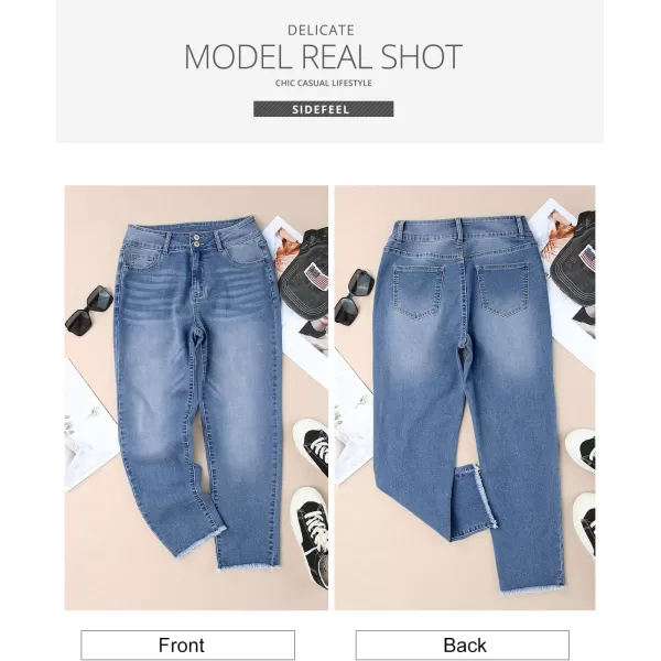 Sidefeel Womens High Waisted Jeans Strechy Raw Hem Straight Leg Denim Pants with PocketsMist Blue