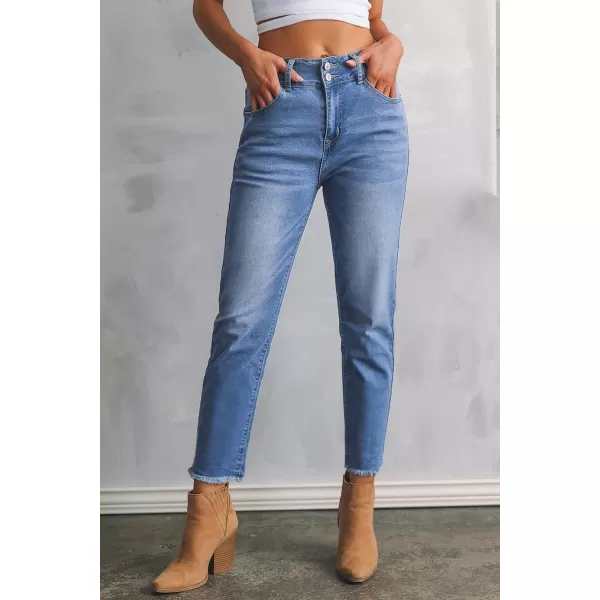 Sidefeel Womens High Waisted Jeans Strechy Raw Hem Straight Leg Denim Pants with PocketsMist Blue