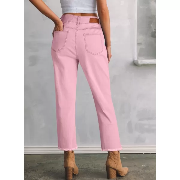 Sidefeel Womens High Waisted Jeans Strechy Raw Hem Straight Leg Denim Pants with PocketsPink