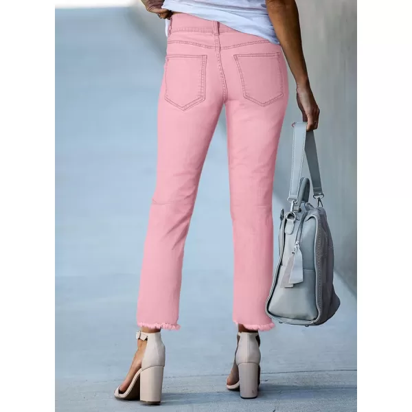 Sidefeel Womens High Waisted Jeans Strechy Raw Hem Straight Leg Denim Pants with PocketsPink