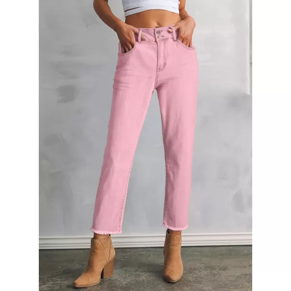 Sidefeel Womens High Waisted Jeans Strechy Raw Hem Straight Leg Denim Pants with PocketsPink