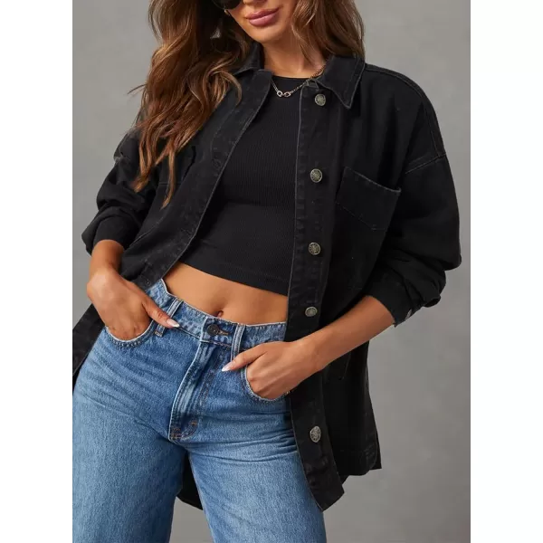 Sidefeel Womens Jean Jacket Oversized Boyfriend Button Up Long Sleeve Split Denim JacketsBlack