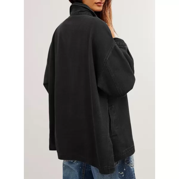 Sidefeel Womens Jean Jacket Oversized Boyfriend Button Up Long Sleeve Split Denim JacketsBlack