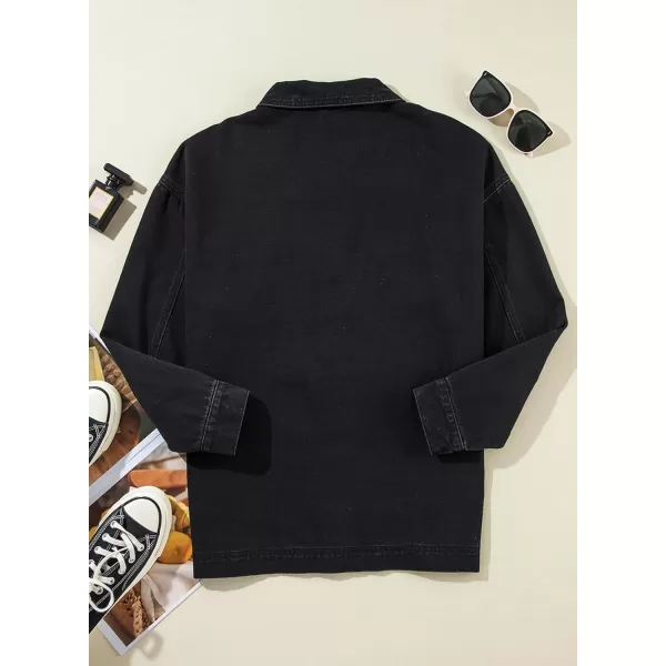Sidefeel Womens Jean Jacket Oversized Boyfriend Button Up Long Sleeve Split Denim JacketsBlack