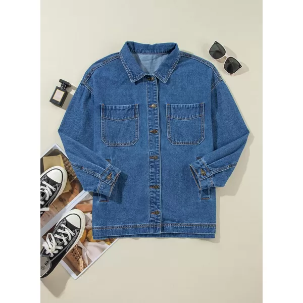 Sidefeel Womens Jean Jacket Oversized Boyfriend Button Up Long Sleeve Split Denim JacketsBlue
