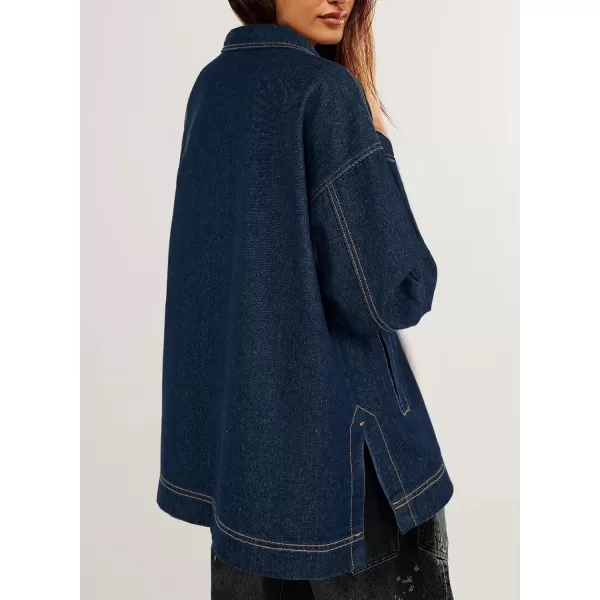 Sidefeel Womens Jean Jacket Oversized Boyfriend Button Up Long Sleeve Split Denim JacketsDark Blue