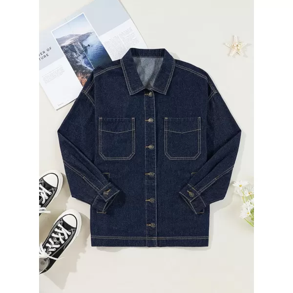 Sidefeel Womens Jean Jacket Oversized Boyfriend Button Up Long Sleeve Split Denim JacketsDark Blue