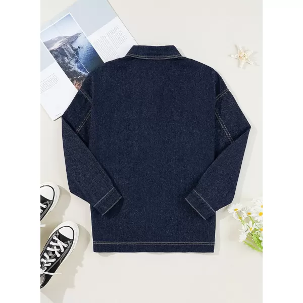 Sidefeel Womens Jean Jacket Oversized Boyfriend Button Up Long Sleeve Split Denim JacketsDark Blue