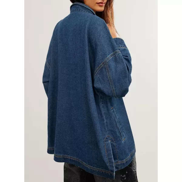 Sidefeel Womens Jean Jacket Oversized Boyfriend Button Up Long Sleeve Split Denim JacketsDeep Blue