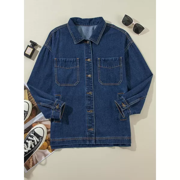 Sidefeel Womens Jean Jacket Oversized Boyfriend Button Up Long Sleeve Split Denim JacketsDeep Blue