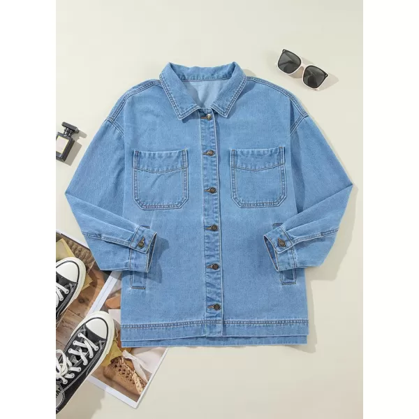 Sidefeel Womens Jean Jacket Oversized Boyfriend Button Up Long Sleeve Split Denim JacketsSky Blue