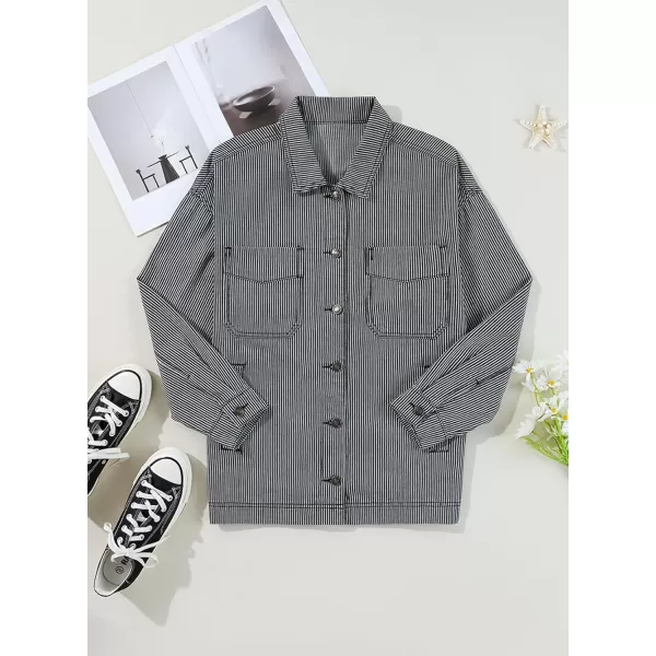 Sidefeel Womens Jean Jacket Oversized Boyfriend Button Up Long Sleeve Split Denim JacketsStripe Black