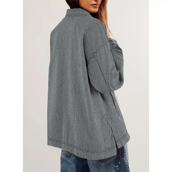 Sidefeel Womens Jean Jacket Oversized Boyfriend Button Up Long Sleeve Split Denim JacketsStripe Black