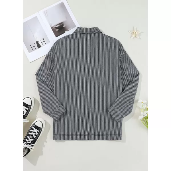 Sidefeel Womens Jean Jacket Oversized Boyfriend Button Up Long Sleeve Split Denim JacketsStripe Black