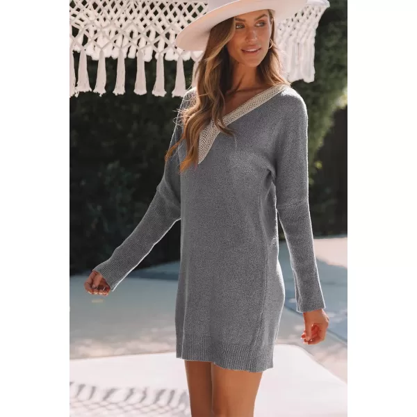 Sidefeel Womens Lace Trim V Neck Long Sleeve Sweater Dress Knit Mini Pullover Dresses 2024 Fall FashionGray