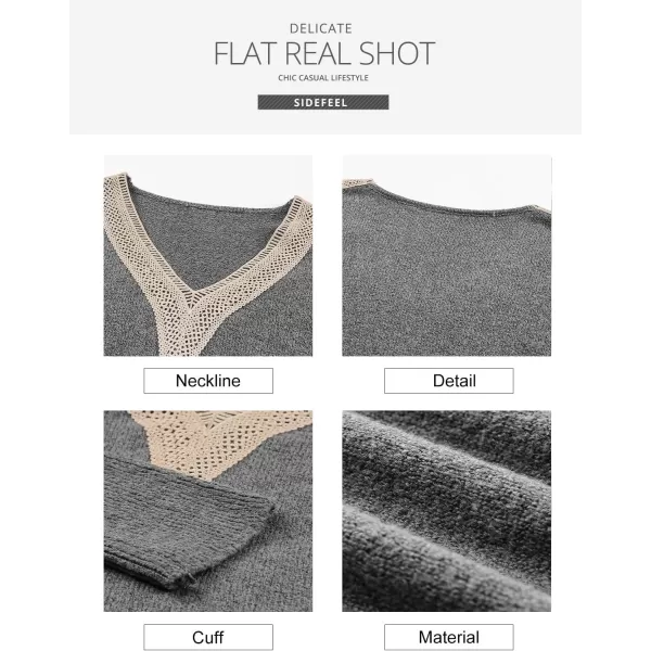 Sidefeel Womens Lace Trim V Neck Long Sleeve Sweater Dress Knit Mini Pullover Dresses 2024 Fall FashionGray