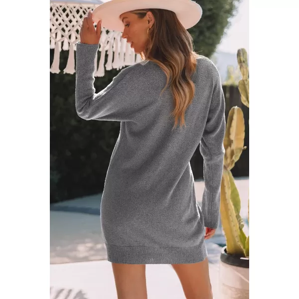 Sidefeel Womens Lace Trim V Neck Long Sleeve Sweater Dress Knit Mini Pullover Dresses 2024 Fall FashionGray