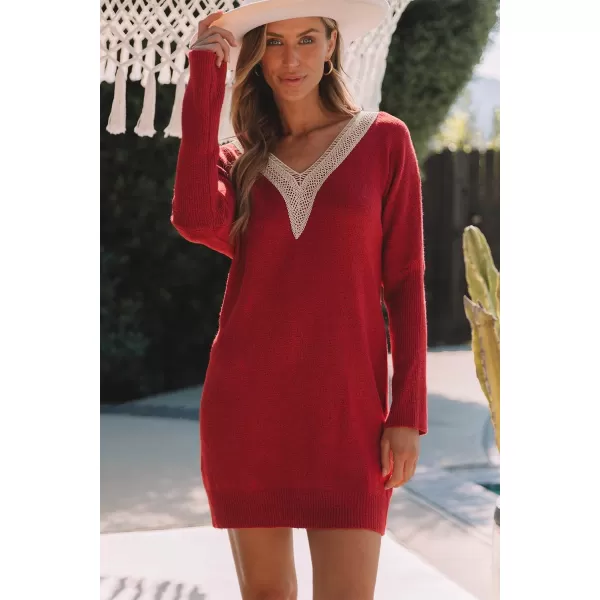 Sidefeel Womens Lace Trim V Neck Long Sleeve Sweater Dress Knit Mini Pullover Dresses 2024 Fall FashionRed