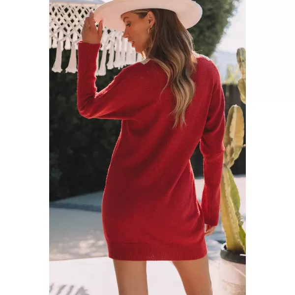 Sidefeel Womens Lace Trim V Neck Long Sleeve Sweater Dress Knit Mini Pullover Dresses 2024 Fall FashionRed