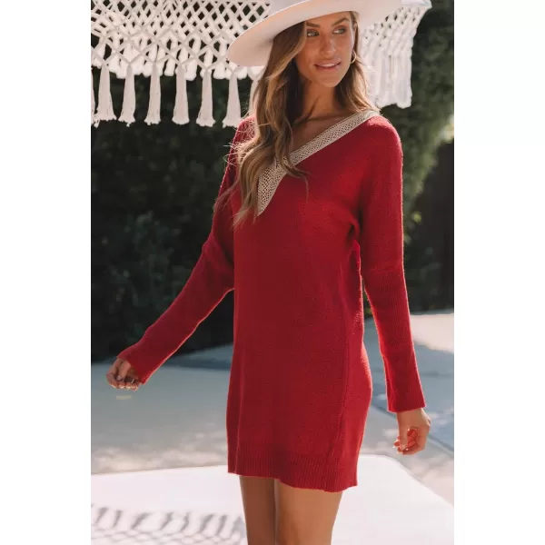 Sidefeel Womens Lace Trim V Neck Long Sleeve Sweater Dress Knit Mini Pullover Dresses 2024 Fall FashionRed