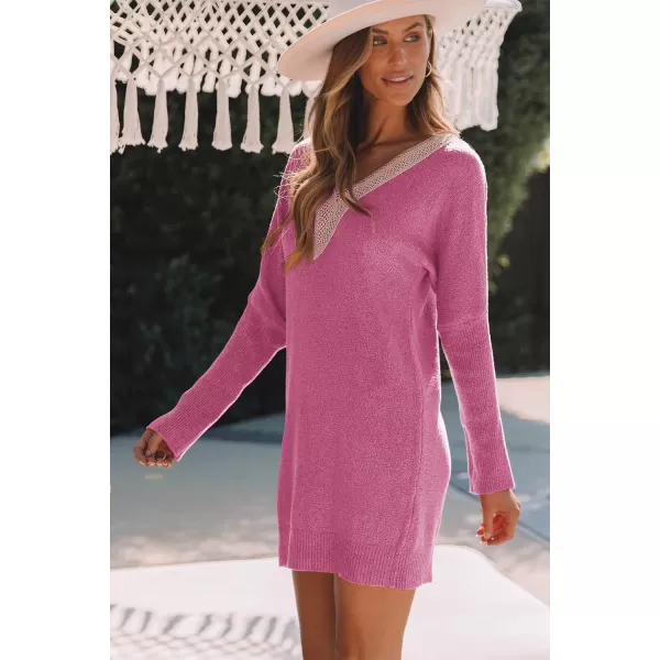 Sidefeel Womens Lace Trim V Neck Long Sleeve Sweater Dress Knit Mini Pullover Dresses 2024 Fall FashionRose Red