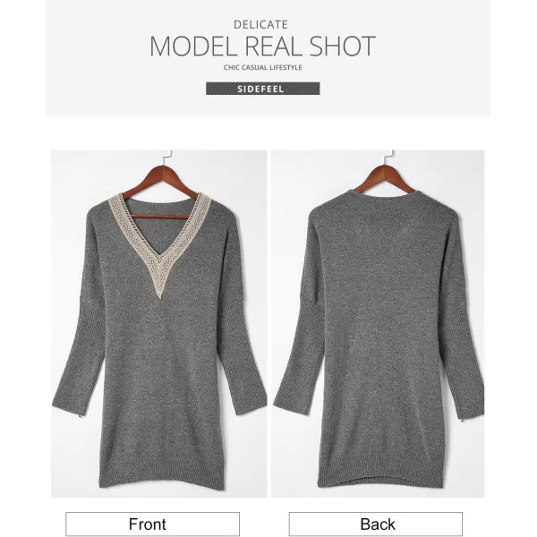 Sidefeel Womens Lace Trim V Neck Long Sleeve Sweater Dress Knit Mini Pullover Dresses 2024 Fall FashionRose Red