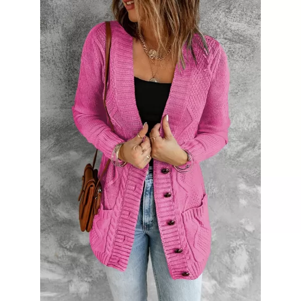 Sidefeel Womens Open Front Cardigan Sweaters Casual Button Down Knitted Coat Tops with PocketsA Hot Pink