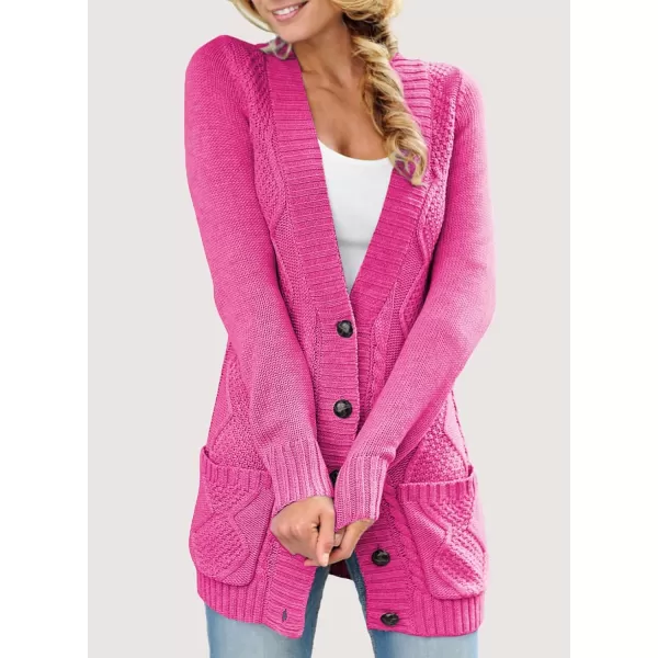 Sidefeel Womens Open Front Cardigan Sweaters Casual Button Down Knitted Coat Tops with PocketsA Hot Pink