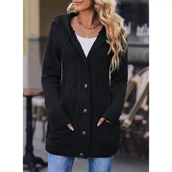 Sidefeel Womens Open Front Hooded Cardigan Sweaters Button Down Long Sleeve Chunky Knit Coat with PocketsZ Black