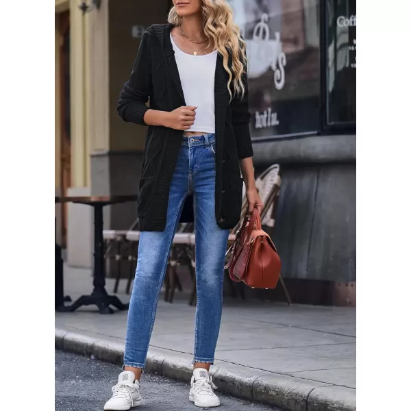 Sidefeel Womens Open Front Hooded Cardigan Sweaters Button Down Long Sleeve Chunky Knit Coat with PocketsZ Black