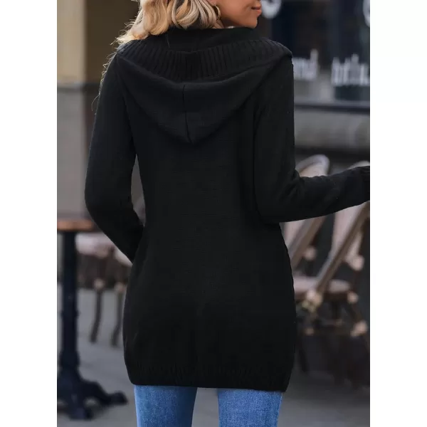 Sidefeel Womens Open Front Hooded Cardigan Sweaters Button Down Long Sleeve Chunky Knit Coat with PocketsZ Black