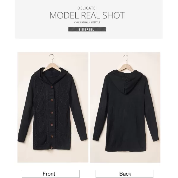 Sidefeel Womens Open Front Hooded Cardigan Sweaters Button Down Long Sleeve Chunky Knit Coat with PocketsZ Black
