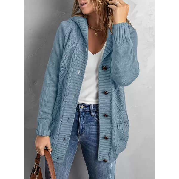 Sidefeel Womens Open Front Hooded Cardigan Sweaters Button Down Long Sleeve Chunky Knit Coat with PocketsZ Blue