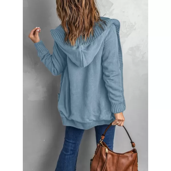 Sidefeel Womens Open Front Hooded Cardigan Sweaters Button Down Long Sleeve Chunky Knit Coat with PocketsZ Blue