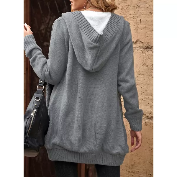 Sidefeel Womens Open Front Hooded Cardigan Sweaters Button Down Long Sleeve Chunky Knit Coat with PocketsZ Dark Gray