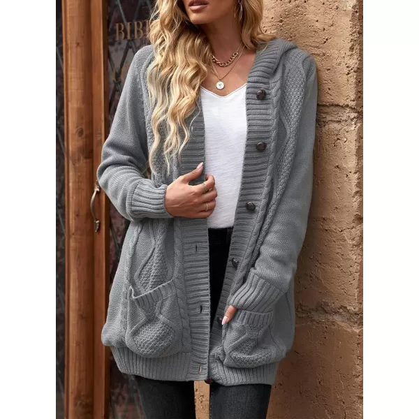 Sidefeel Womens Open Front Hooded Cardigan Sweaters Button Down Long Sleeve Chunky Knit Coat with PocketsZ Dark Gray