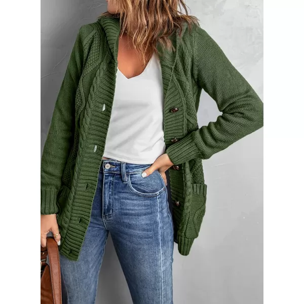 Sidefeel Womens Open Front Hooded Cardigan Sweaters Button Down Long Sleeve Chunky Knit Coat with PocketsZ Green