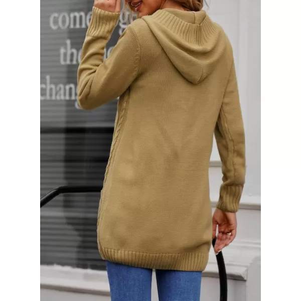 Sidefeel Womens Open Front Hooded Cardigan Sweaters Button Down Long Sleeve Chunky Knit Coat with PocketsZ Khaki