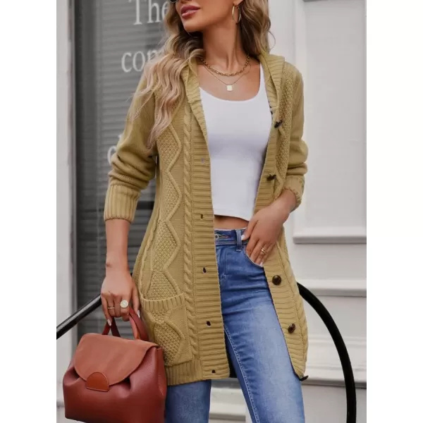 Sidefeel Womens Open Front Hooded Cardigan Sweaters Button Down Long Sleeve Chunky Knit Coat with PocketsZ Khaki