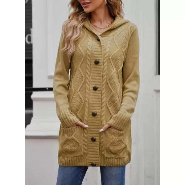 Sidefeel Womens Open Front Hooded Cardigan Sweaters Button Down Long Sleeve Chunky Knit Coat with PocketsZ Khaki
