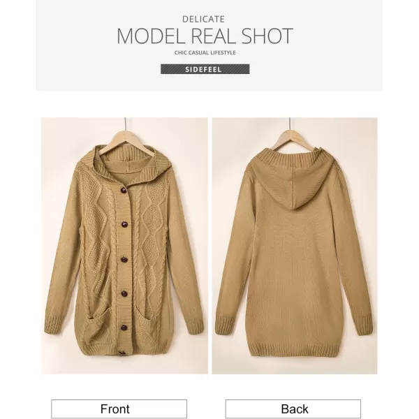 Sidefeel Womens Open Front Hooded Cardigan Sweaters Button Down Long Sleeve Chunky Knit Coat with PocketsZ Khaki