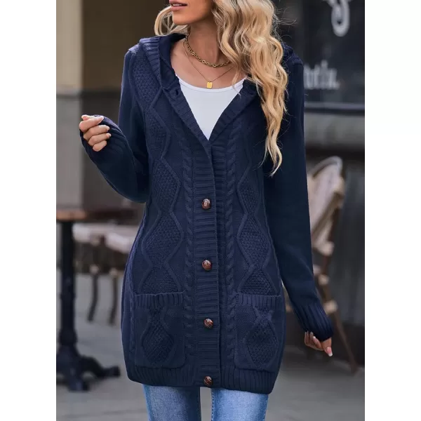 Sidefeel Womens Open Front Hooded Cardigan Sweaters Button Down Long Sleeve Chunky Knit Coat with PocketsZ Navy