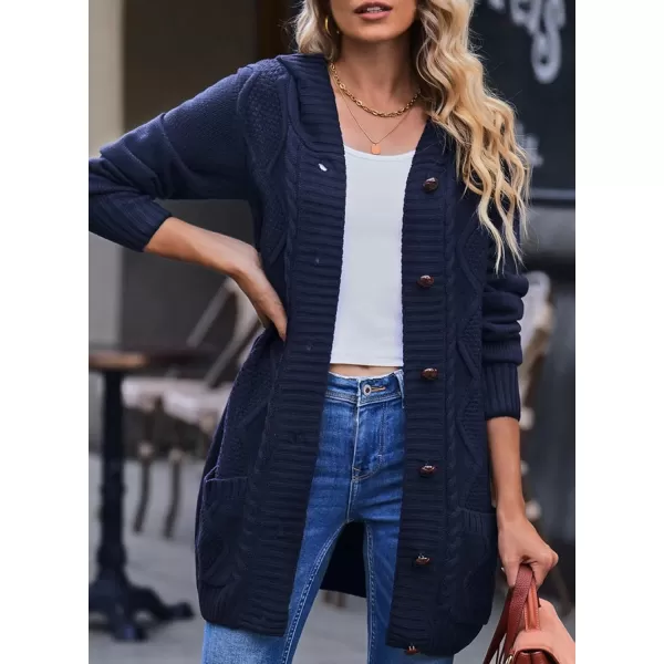 Sidefeel Womens Open Front Hooded Cardigan Sweaters Button Down Long Sleeve Chunky Knit Coat with PocketsZ Navy