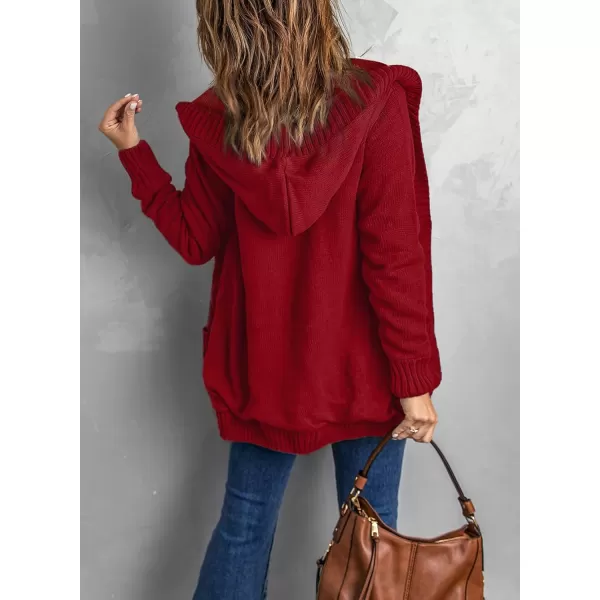 Sidefeel Womens Open Front Hooded Cardigan Sweaters Button Down Long Sleeve Chunky Knit Coat with PocketsZ Red