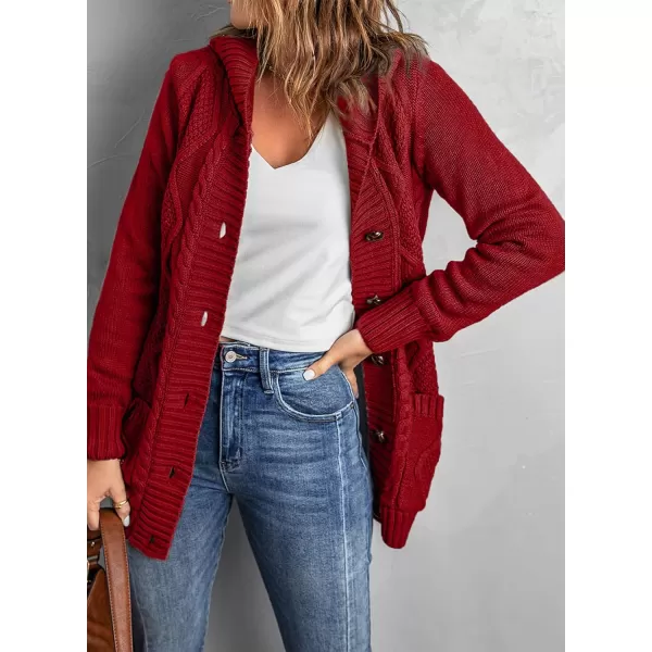 Sidefeel Womens Open Front Hooded Cardigan Sweaters Button Down Long Sleeve Chunky Knit Coat with PocketsZ Red