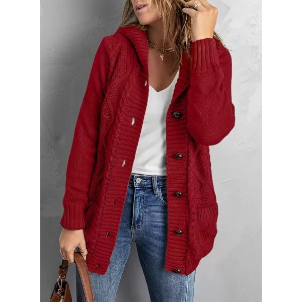 Sidefeel Womens Open Front Hooded Cardigan Sweaters Button Down Long Sleeve Chunky Knit Coat with PocketsZ Red
