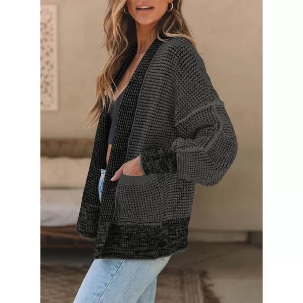 Sidefeel Womens Plaid Short Cardigan Oversized Chunky Long Sleeve Knit Open Front Cardigan Sweaters with PocketsBlack