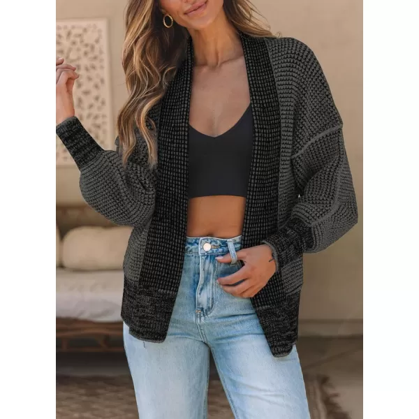 Sidefeel Womens Plaid Short Cardigan Oversized Chunky Long Sleeve Knit Open Front Cardigan Sweaters with PocketsBlack
